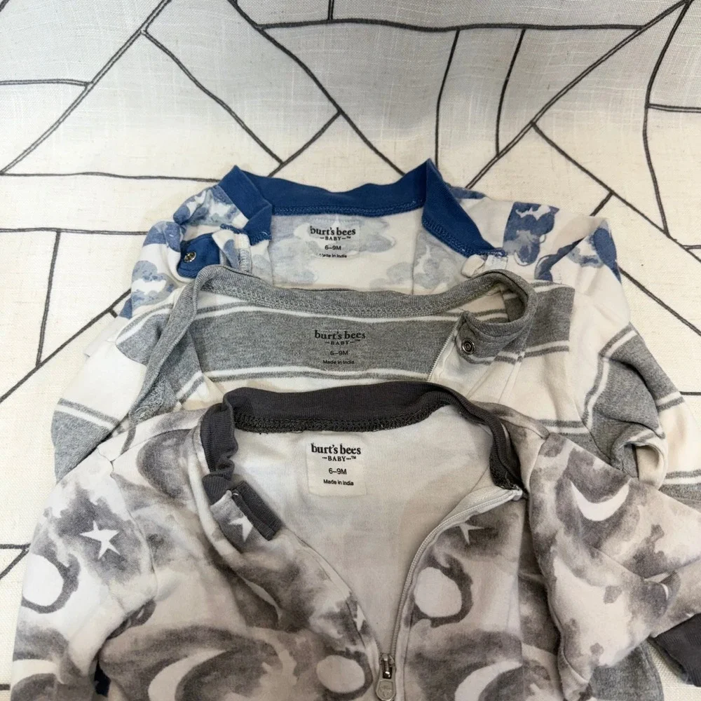 Burt's‎ Bees Baby Pajamas 6-9M Blue Grey Stripe Cloud Moon Star 3-Pack Sleepers